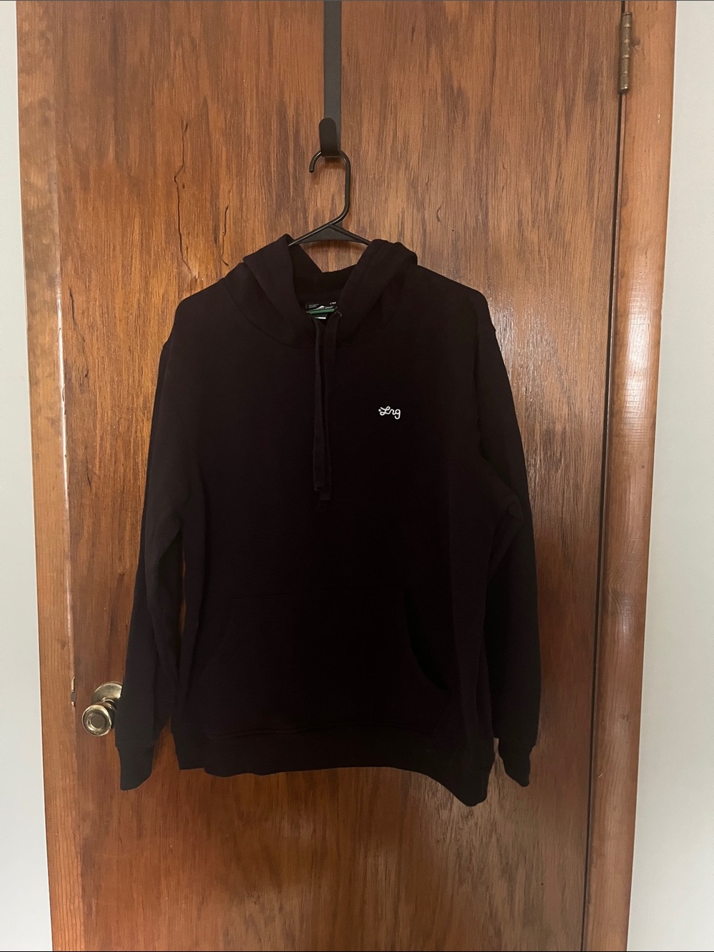 Lrg Black Hoodie with Small White Cursive Logo